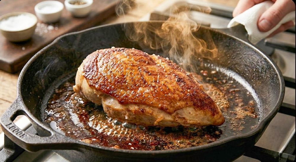 Chicken breast with deep golden-brown sear in a cast iron pan showing texture and color of proper heat and crust