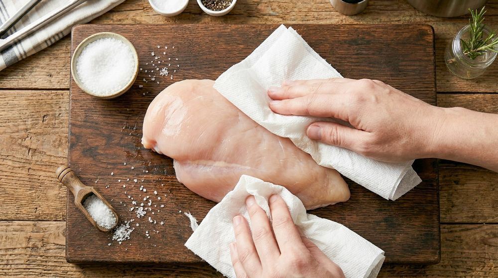Hands patting raw chicken breast dry with paper towels on a wooden cutting board with salt, pepper, and rosemary nearby