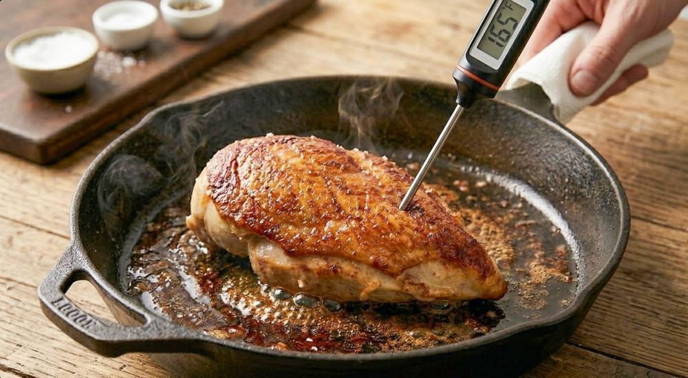 Instant-read thermometer inserted into a golden-brown seared chicken breast in a cast iron pan reading 165°F