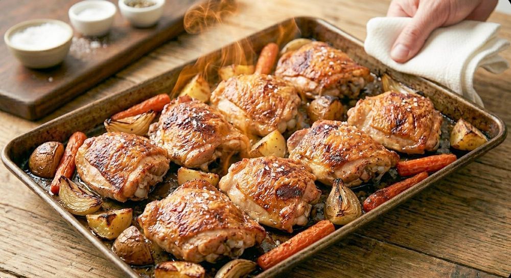 Crispy golden-brown chicken thighs on a sheet pan with roasted vegetables steam rising hand with oven mitt