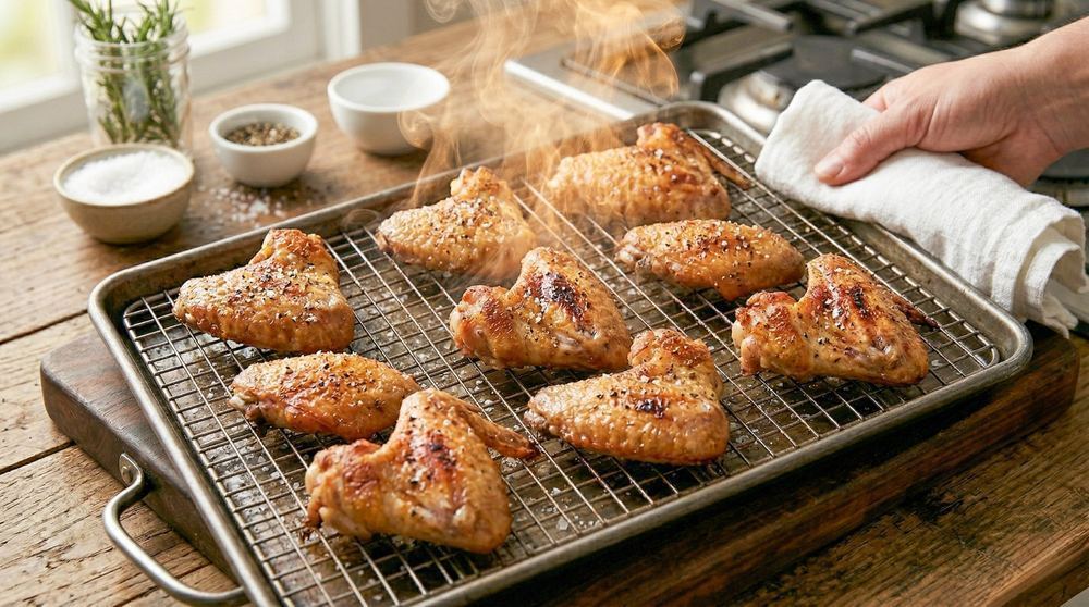 Crispy chicken wings on a wire rack over a sheet pan steam rising hand removing from oven