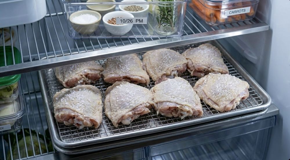 Chicken thighs generously salted and placed on a wire rack in the fridge for overnight dry brining, dated tray visible