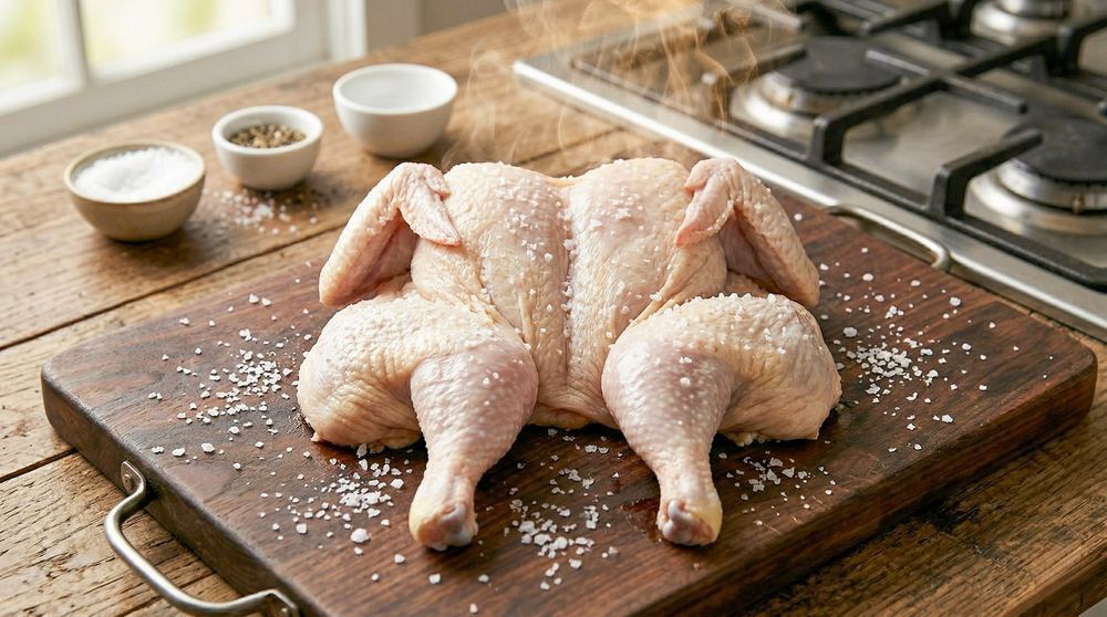 Spatchcocked whole chicken flattened on a wooden cutting board backbone removed salted generously before cooking