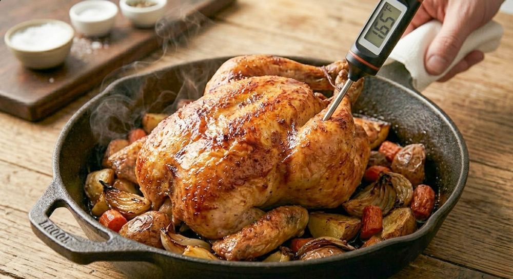 Whole roasted chicken golden-brown and steaming in a Lodge cast iron pan surrounded by roasted vegetables thermometer reading 165°F