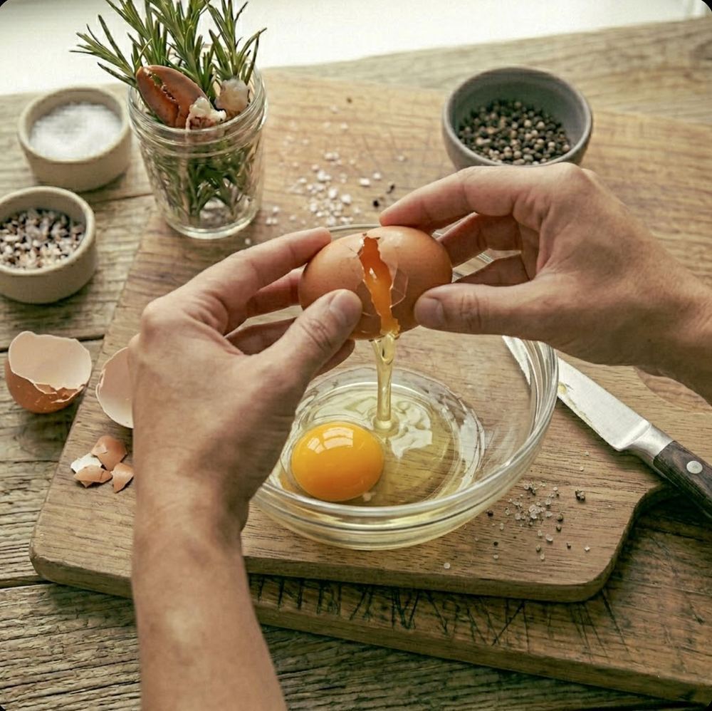 Hands cracking a brown egg into a glass bowl on a wooden cutting board showing yolk dropping into whites