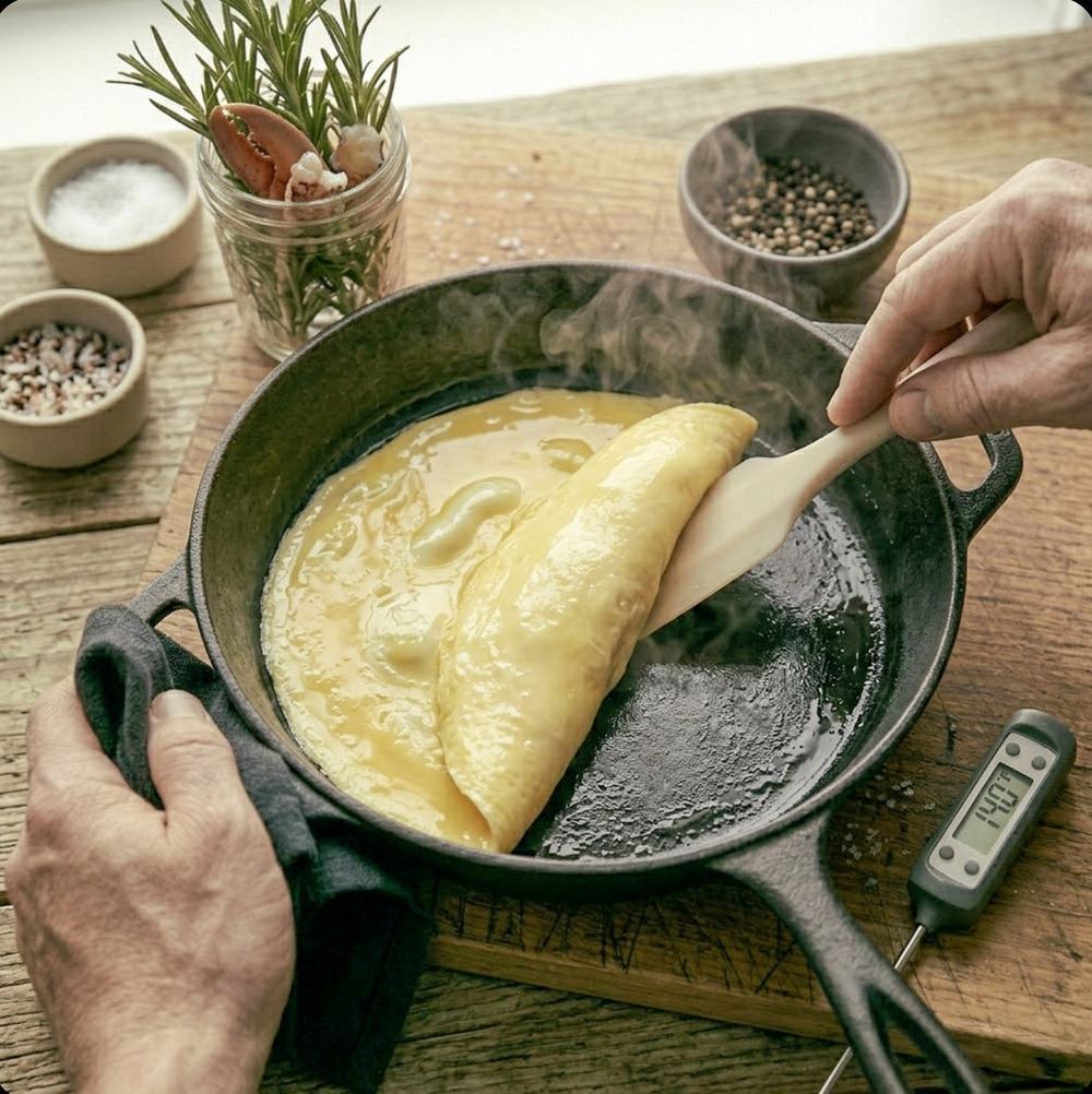 French omelet being rolled in a cast iron pan with a wooden spatula showing the pale yellow exterior and steam rising