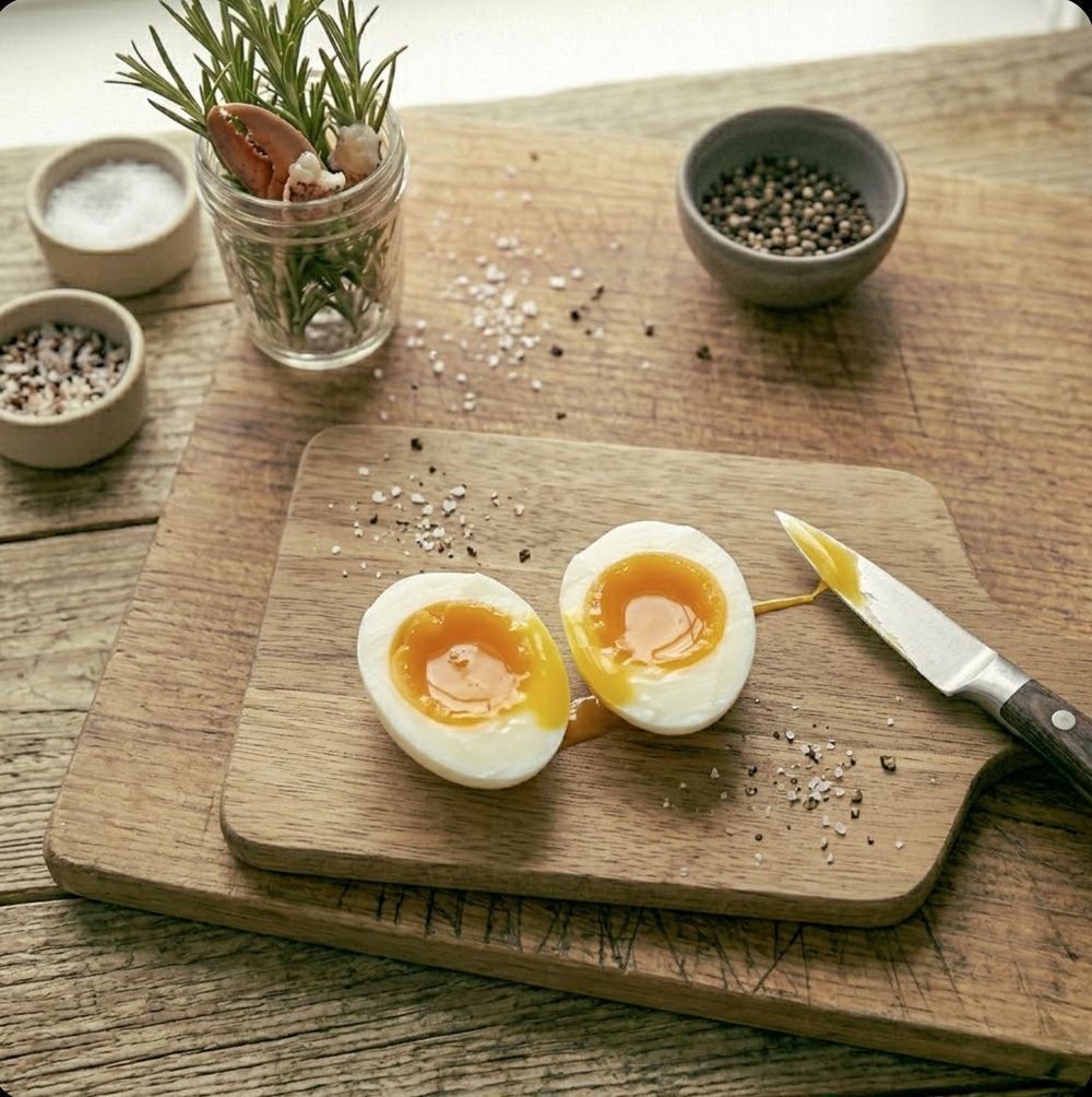 Perfectly cooked soft boiled egg cut in half showing the bright jammy yolk — benchmark for 6-7 minute egg timing