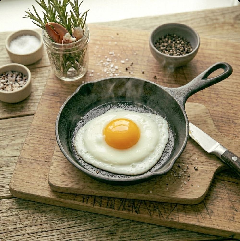 Sunny side up egg in a cast iron pan with perfectly set white and vibrant yolk served on a wooden board