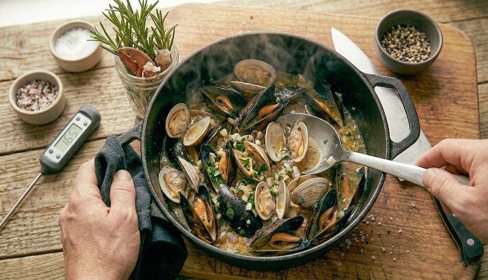 Mussels and clams steaming open in a cast iron pot with wine herbs and garlic served with a large spoon