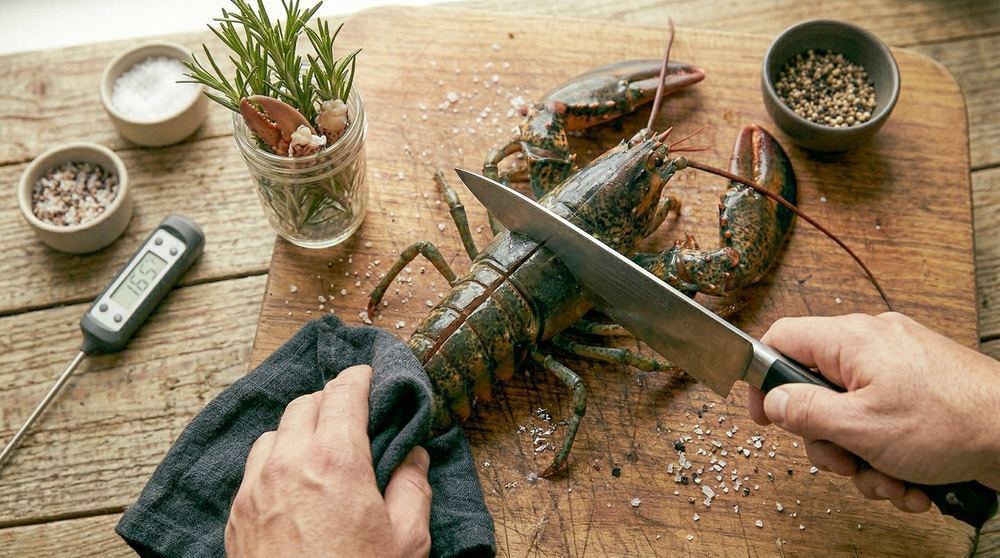 Live lobster being prepared on a wooden cutting board with a chef knife thermometer nearby