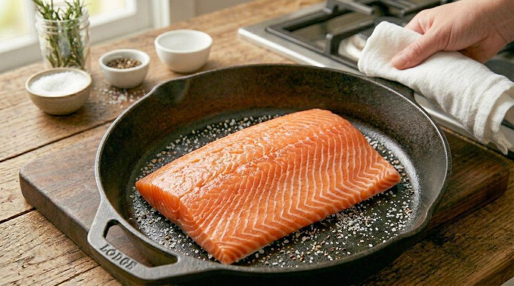Fresh raw salmon fillet with vibrant orange flesh in a cast iron pan before cooking showing excellent freshness and color
