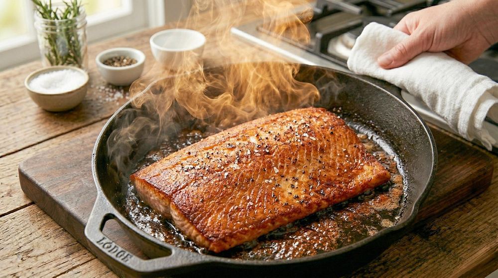 Salmon fillet with perfectly crisped golden skin searing in a cast iron pan smoke rising from the hot pan