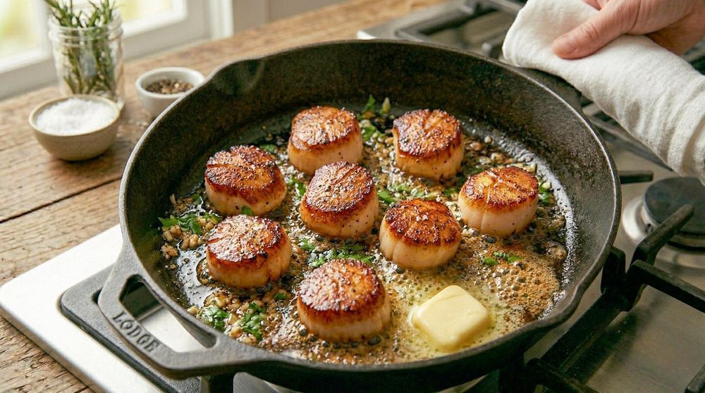 Perfectly seared scallops in a cast iron pan with foaming butter fresh herbs and a pat of unsalted butter melting