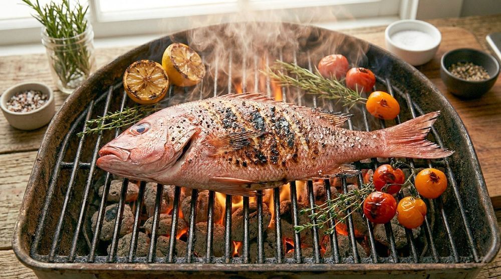 Whole fish grilling over charcoal with lemons and tomatoes showing the grill marks and caramelized exterior