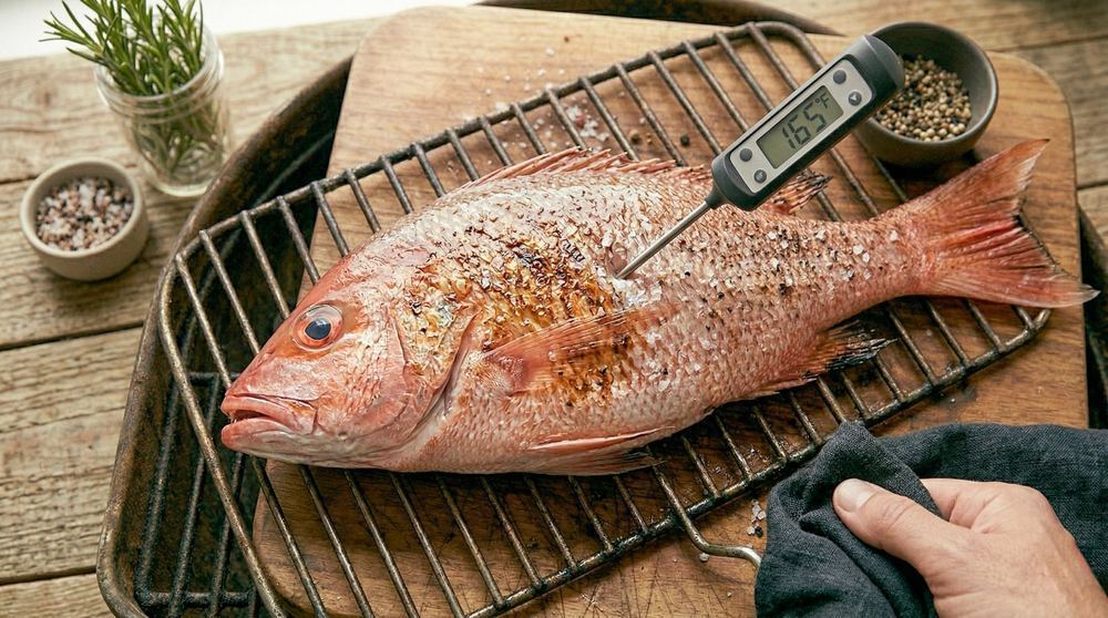 Whole red snapper on a wire rack with an instant-read thermometer inserted showing 165°F testing for doneness