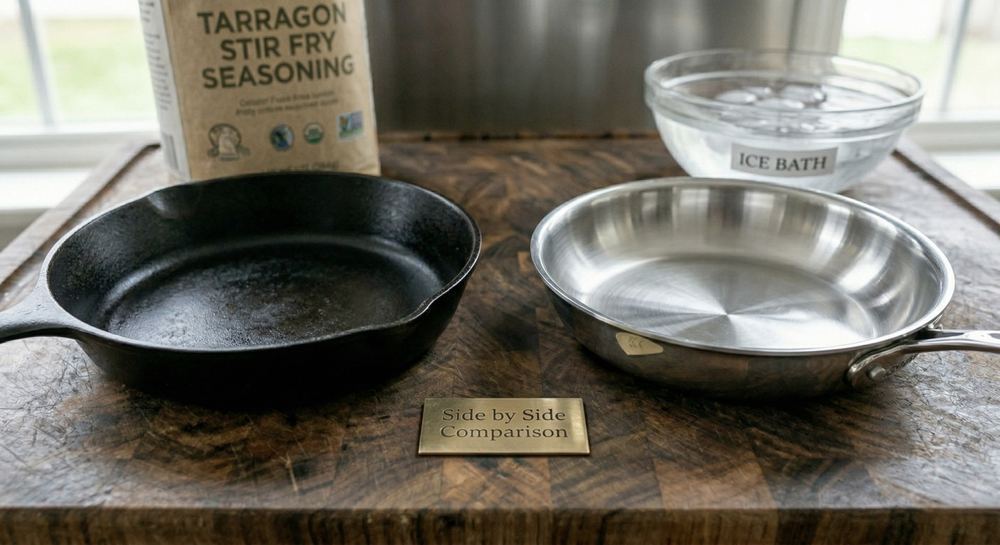 Cast iron and stainless steel pans side by side showing the comparison between the two most important pan types