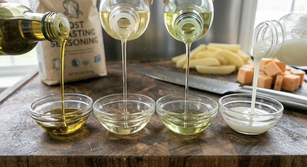 Different cooking oils poured side by side showing color and viscosity differences between oil types