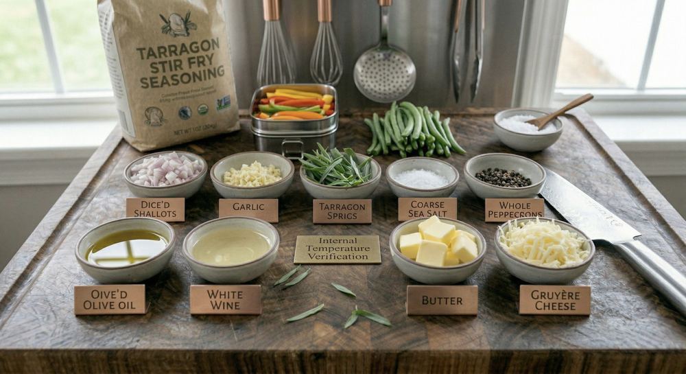 Organized kitchen setup with cutting board, chef's knife, and prepped ingredients in an efficient work station