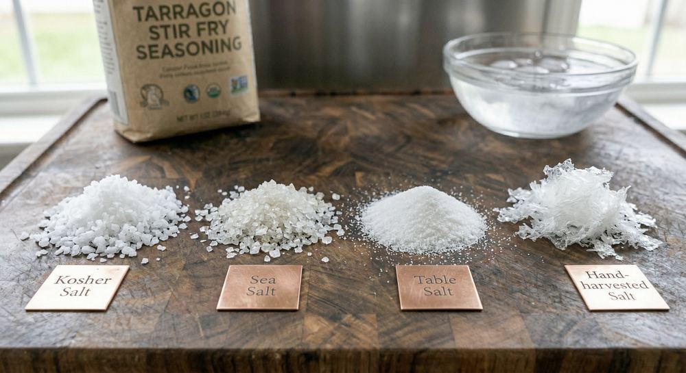 Different types of salt laid out for comparison — kosher salt, sea salt, table salt, and flaky finishing salt