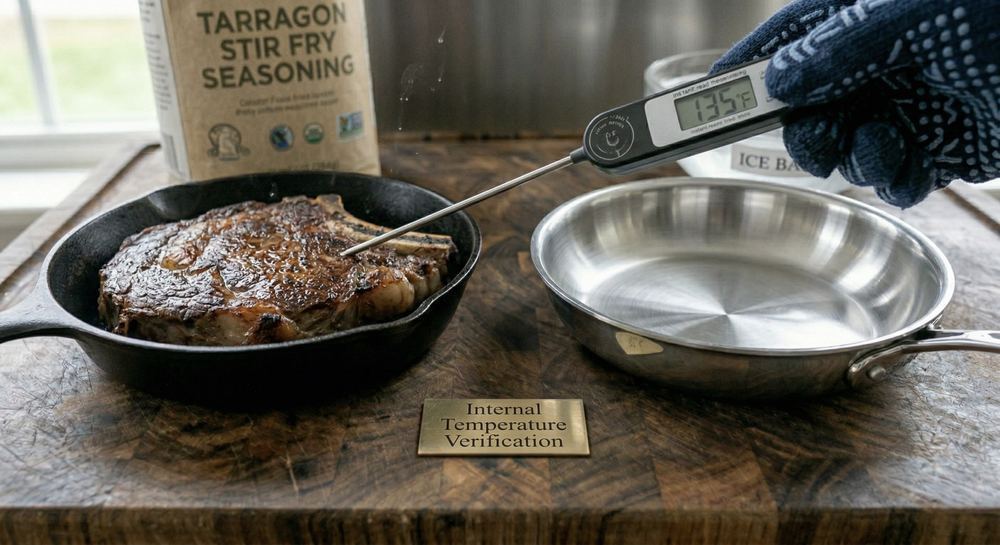 Instant-read thermometer being inserted into a protein to check doneness, showing the essential kitchen tool