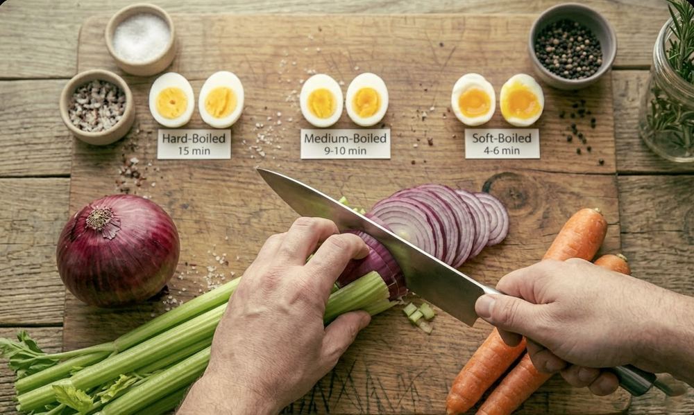 Claw grip technique on vegetables — fingertips curled under with knuckles guiding the blade during cutting