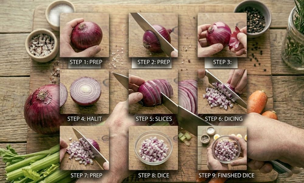 Step one of dicing an onion — halved onion on a cutting board showing the initial cuts