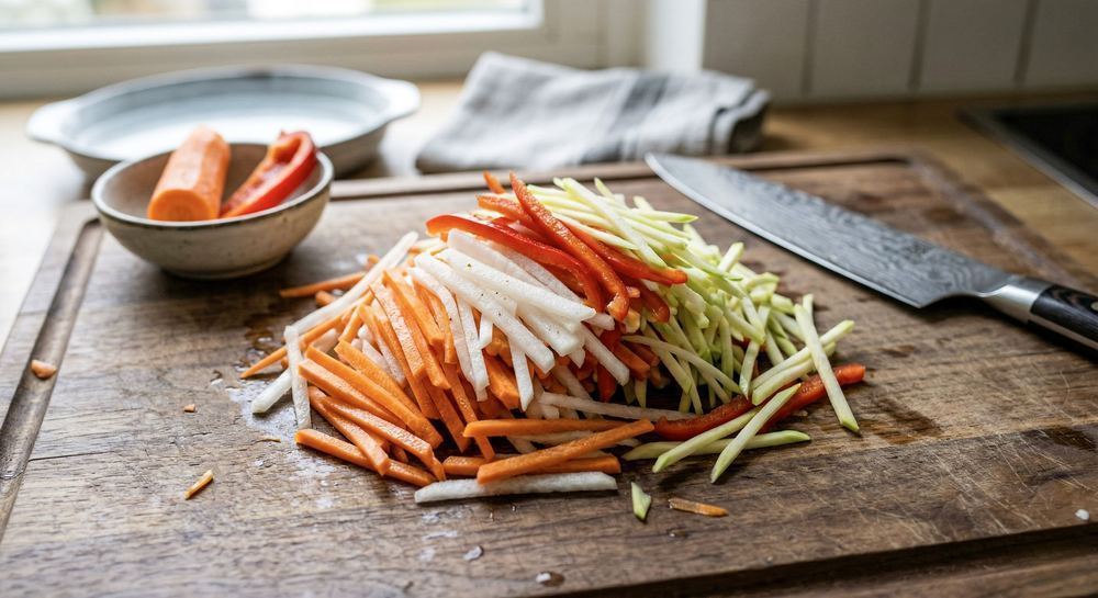 Julienne cut vegetables — thin uniform matchstick strips on a cutting board showing the precision cut