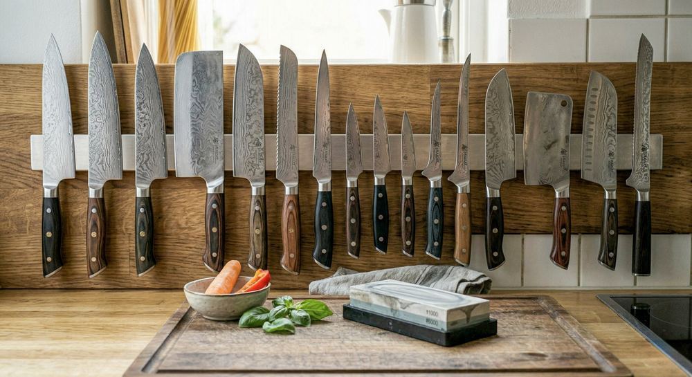 Collection of chef knives stored on a magnetic strip on the wall showing proper storage that protects both blades and hands