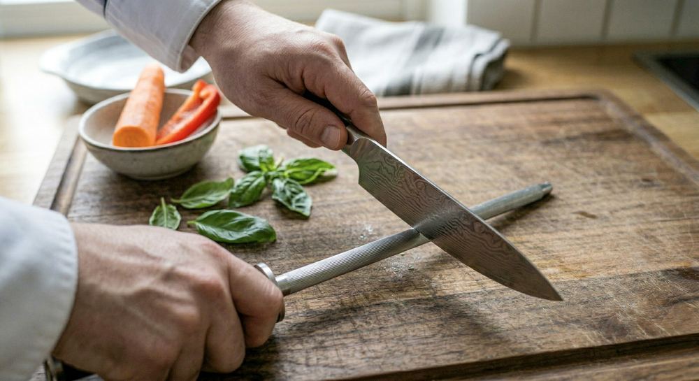 Chef's knife being honed on a honing steel before cooking — the quick maintenance step between sharpenings