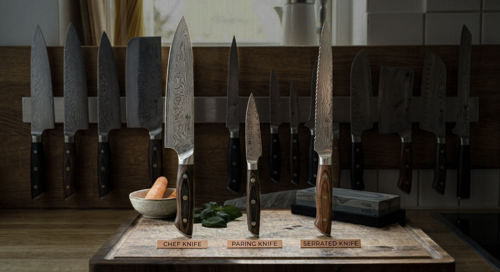 Chef knife, paring knife, and serrated bread knife laid out side by side showing the three essential kitchen knives