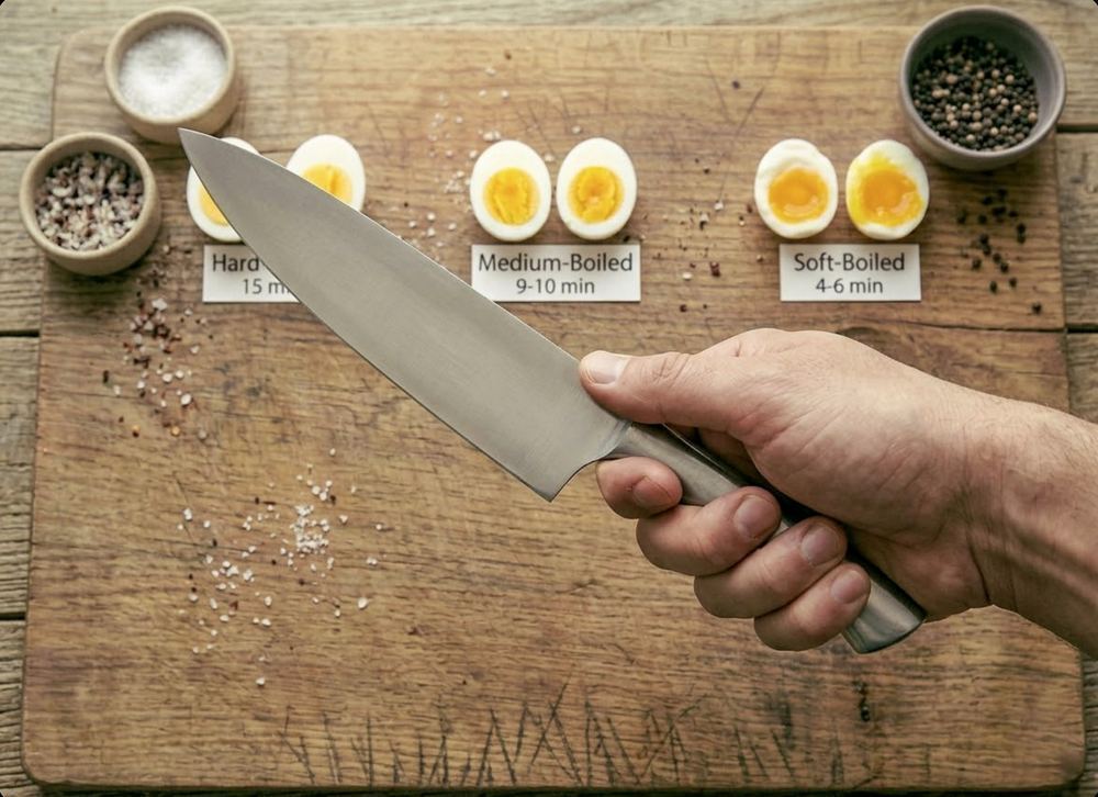 Close-up of the correct pinch grip on a chef's knife showing thumb and index finger gripping the blade