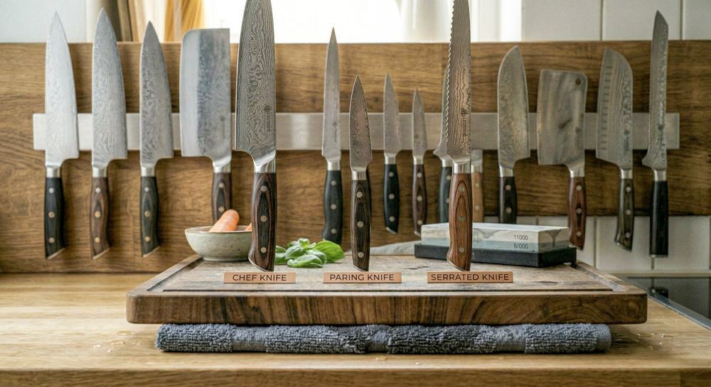 Wet towel placed under a cutting board showing the professional safety technique that prevents board sliding