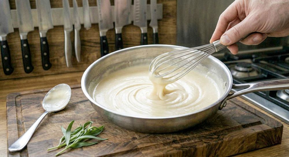 Creamy white bechamel sauce in a pan showing the mother sauce consistency that forms the base of hundreds of derivative sauces
