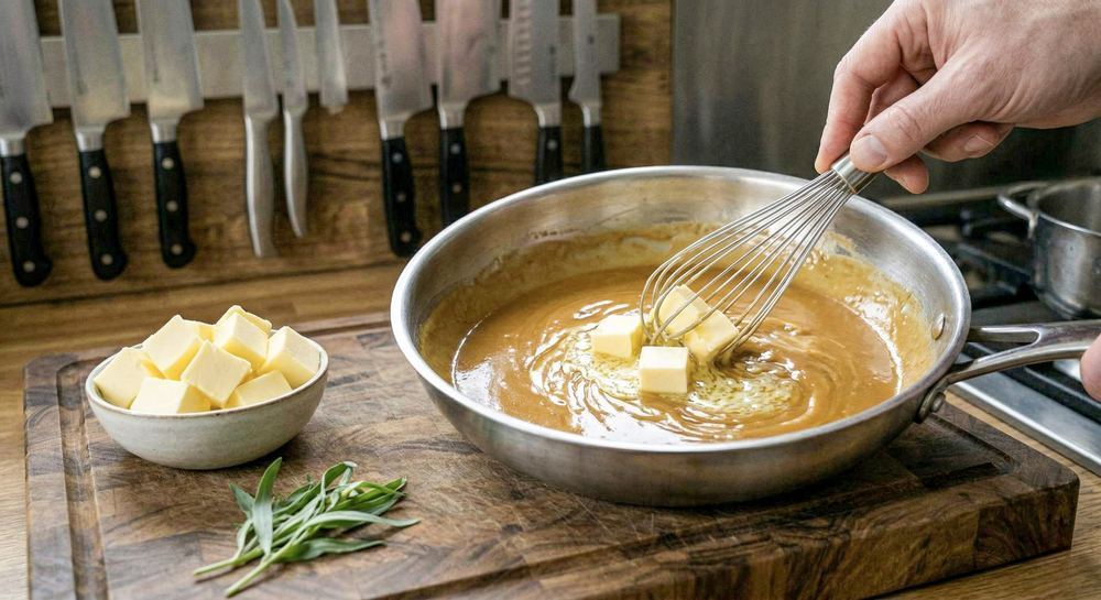 Cold butter cubes being whisked into a sauce off the heat to mount and finish it, showing the classic technique
