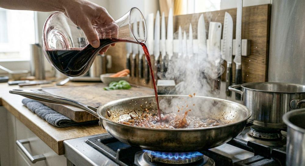 Wine deglazing a hot pan with fond showing the start of a pan sauce, with steam and sizzle visible