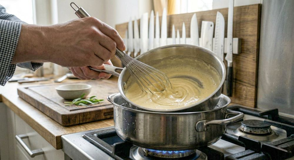 Hollandaise sauce being whisked in a double boiler with yolks and clarified butter, showing the emulsification process
