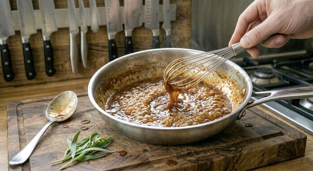 Sauce reducing in a pan showing the concentration process as liquid evaporates and flavor intensifies