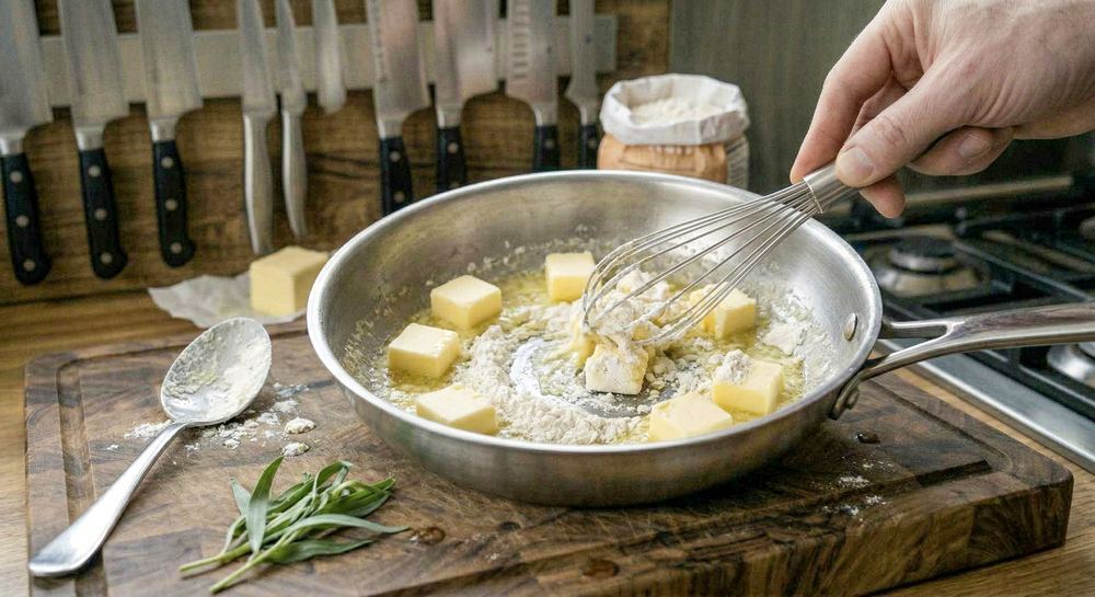 Flour and butter being cooked together in a saucepan to make a roux, showing the initial blonde stage