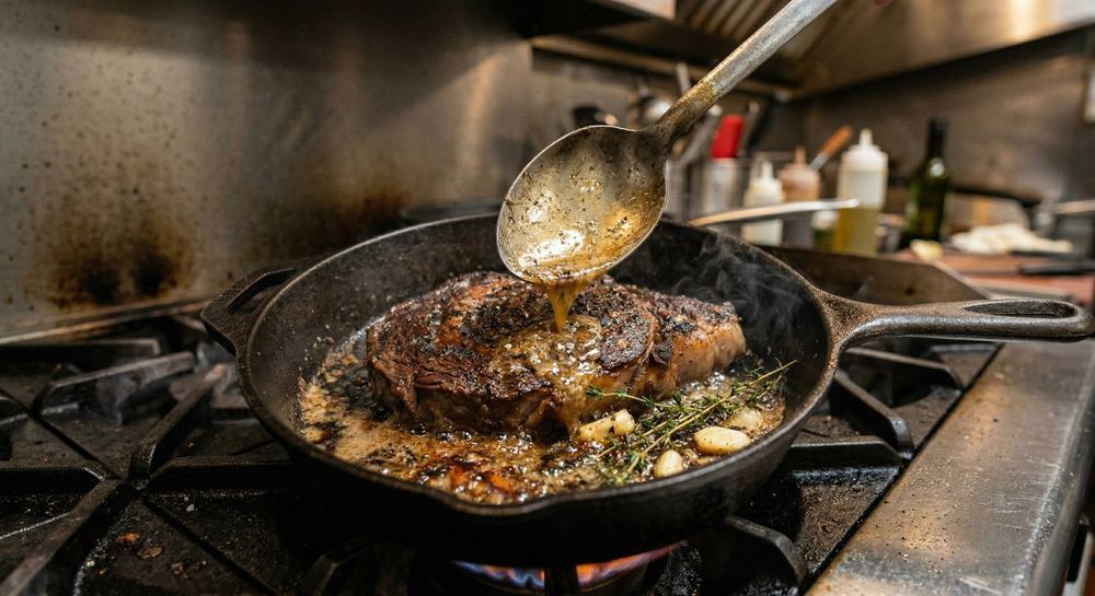 Chef butter-basting a steak in a cast iron pan with garlic and thyme on a restaurant gas stove
