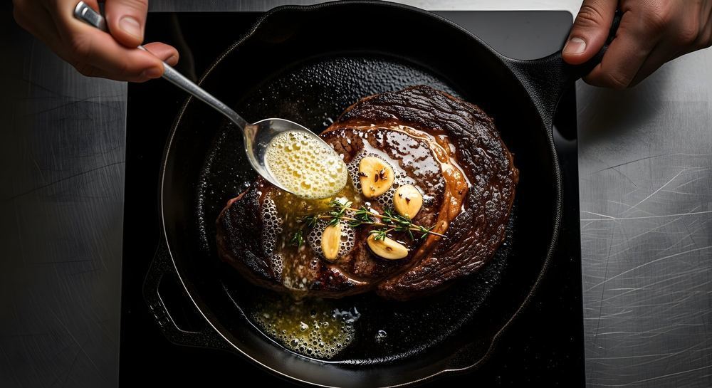 Overhead view of butter basting a steak in a cast iron pan — spoon pouring foamy butter over the steak with garlic and thyme