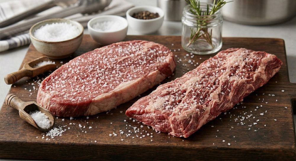 Flank steak and skirt steak on a dark wooden board with kosher salt generously applied and scattered around them