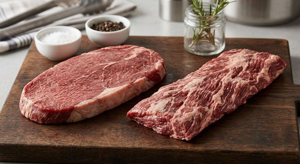 Flank steak and skirt steak side by side on a wooden board with salt and pepper bowls, showing the textural difference between the two cuts