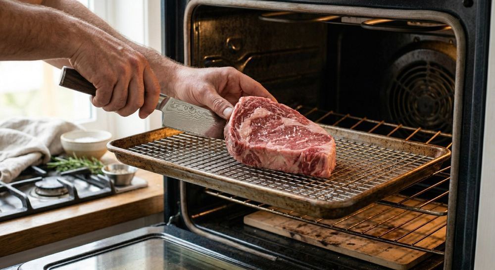 Steak being loaded into an oven on a wire rack for the reverse sear method, showing the low-and-slow first stage