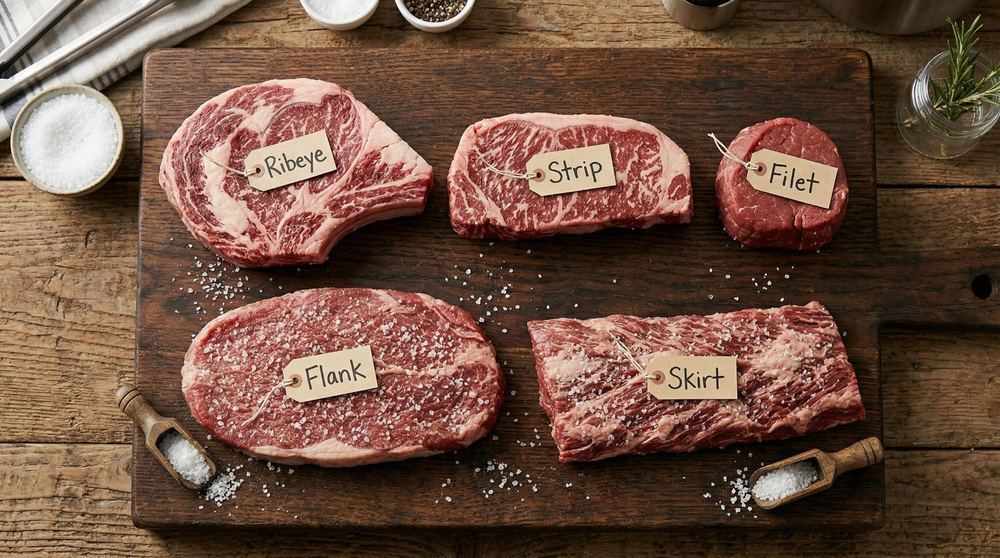 Five steak cuts laid out on a wooden board with labels: Ribeye, Strip, Filet, Flank, and Skirt
