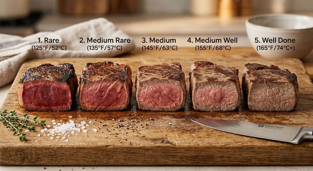 Five steaks cut open showing doneness from rare to well done, labeled with temperatures: Rare 125°F, Medium Rare 135°F, Medium 145°F, Medium Well 155°F, Well Done 165°F