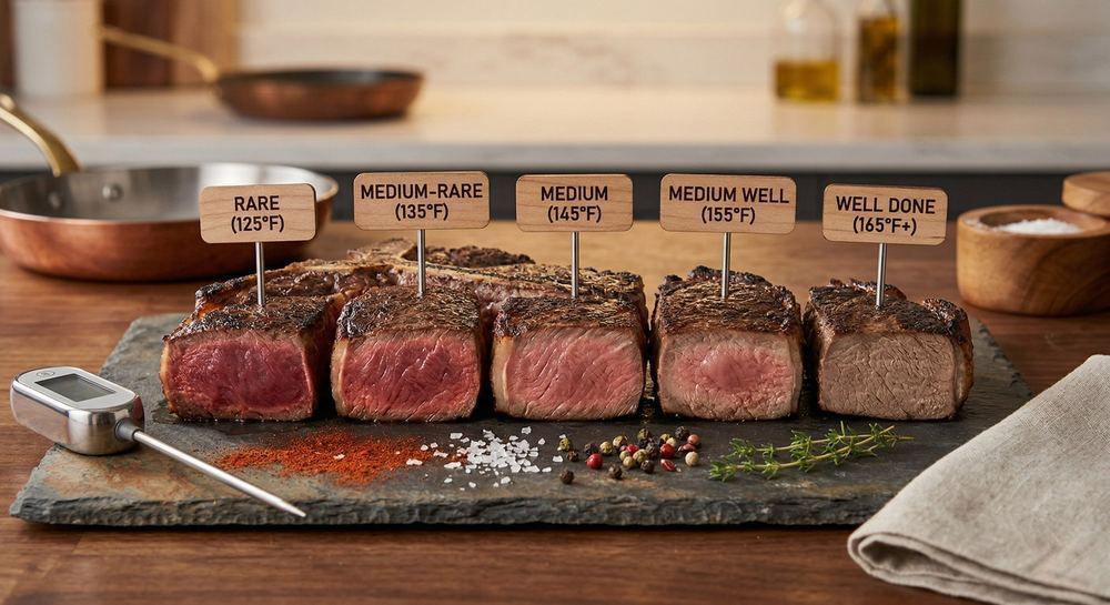 Five steaks on a slate board with wooden temperature markers showing each doneness level from rare to well done