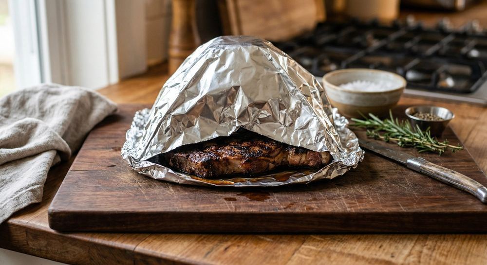 Cooked steak on a wooden cutting board tented loosely with aluminum foil, resting after cooking