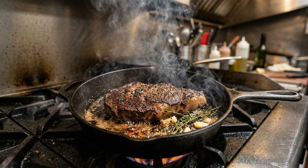 Ribeye steak searing in a cast iron pan with butter, garlic, and thyme on a gas stove