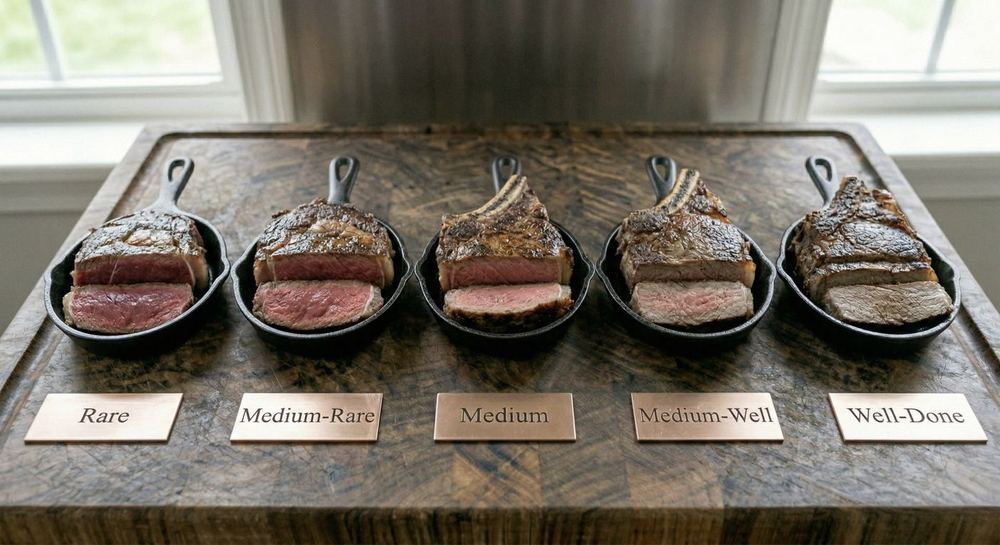 Five steaks showing every level of doneness from rare to well done side by side
