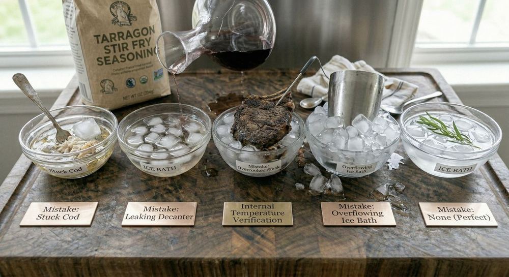 Overcooked steak and stuck fish showing common cooking failures